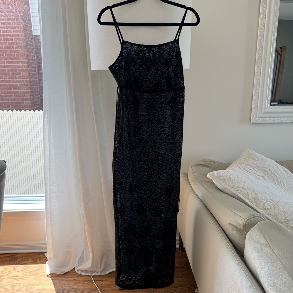 Y2K DRESS Long Whimsigoth Black Lace Blue Lining sleeveless straps L
